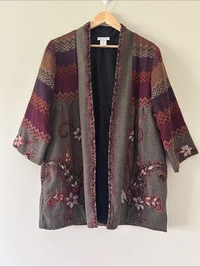 Soft Surroundings Floral Embroider Boho Jacket Cardigan Mix Media 
Chevron Lined